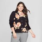 Women's Plus Size Floral Print Jersey Crewneck Cardigan - A New Day Black