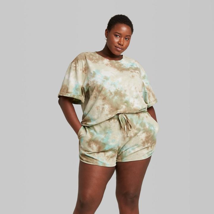 Women's Plus Size Short Sleeve Rolled Cuff Boxy T-shirt - Wild Fable Green Tie-dye