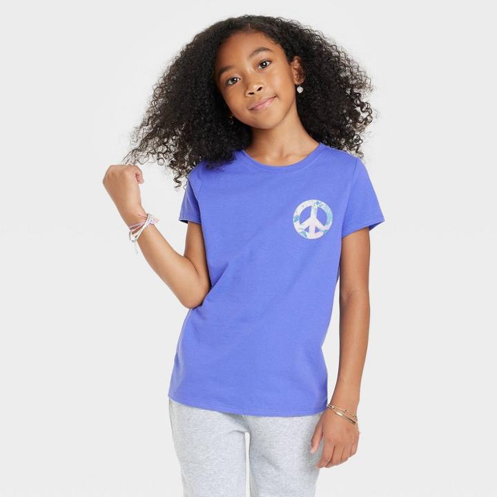 Girls' 'peace' Short Sleeve Graphic T-shirt - Cat & Jack Deep Violet Xs, Deep Purple