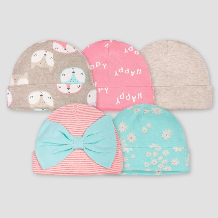 Gerber Baby Girls' 5pk Fox Caps - Coral/green/light Brown 0-6m, Girl's, Pink