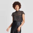 Women's Geometric Print Flutter Short Sleeve Turtleneck Blouse - A New Day Black L, Size: Large, Gold Black