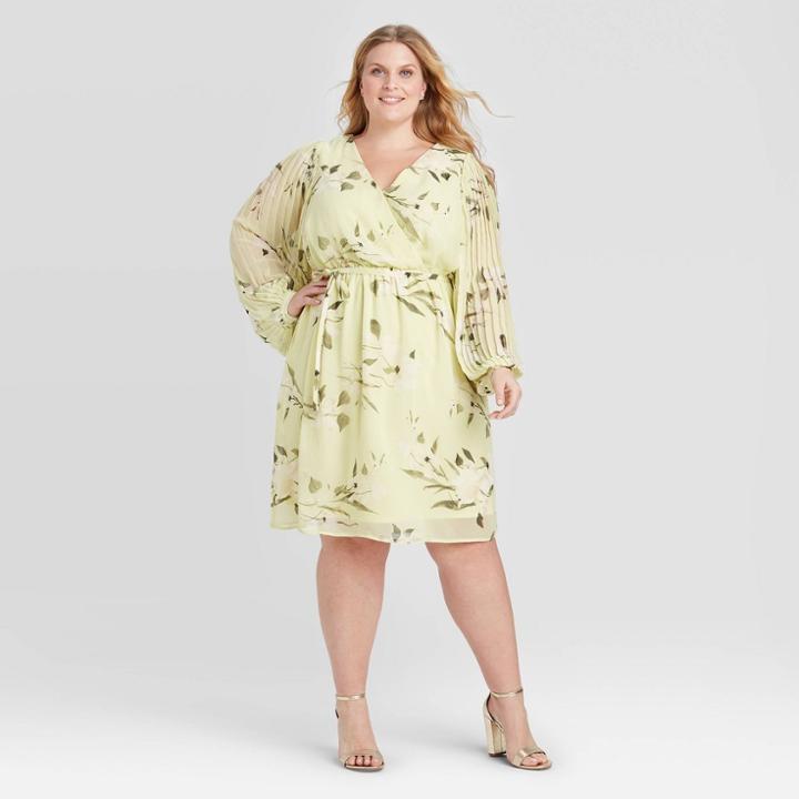 Women's Plus Size Floral Print Long Sleeve Pleated Sleeve Dress - Ava & Viv Yellow X, Women's