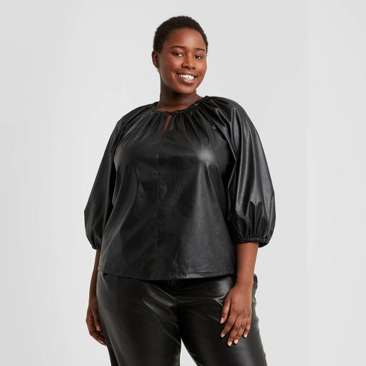Women's Plus Size Faux Leather Balloon 3/4 Sleeve Blouse - Who What Wear Black