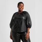 Women's Plus Size Faux Leather Balloon 3/4 Sleeve Blouse - Who What Wear Black