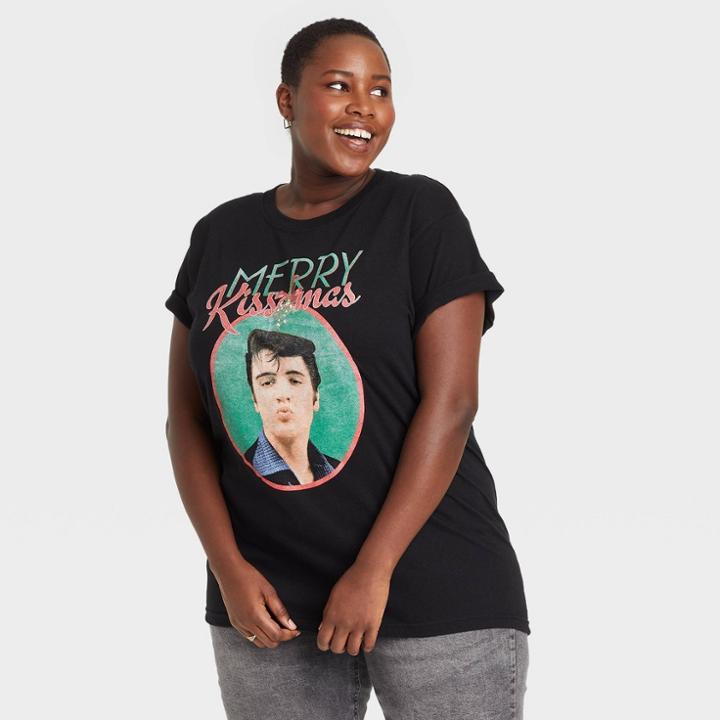 Merch Traffic Women's Elvis Plus Size Merry Kissmas Short Sleeve Graphic T-shirt - Black