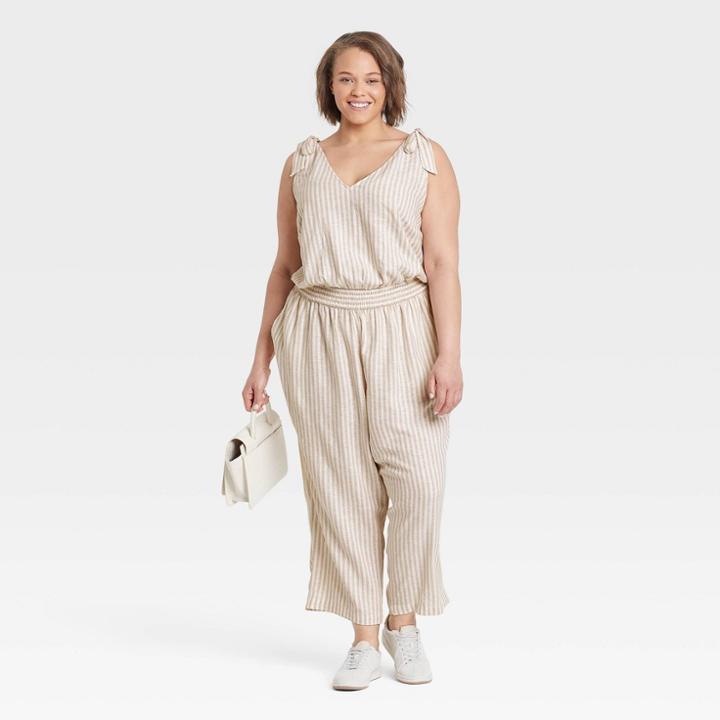 Women's Plus Size Sleeveless Tie Shoulder Jumpsuit - A New Day Cream Striped 2x, Ivory