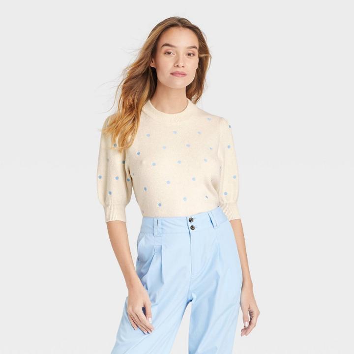 Women's Crewneck Pullover Sweater - Who What Wear Cream Polka Dots Xs, Ivory Polka Dots