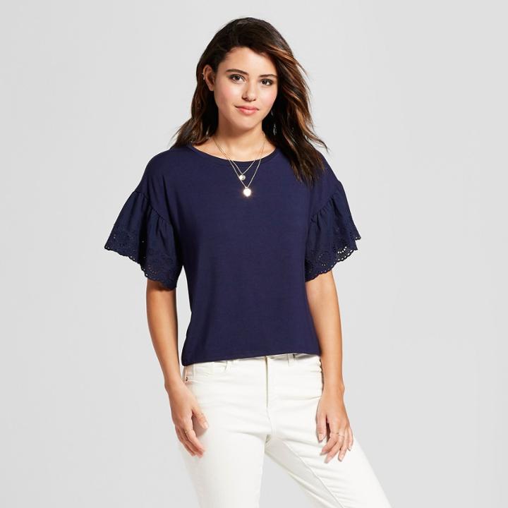 Women's Short Sleeve Ruffle Eyelet Sleeve Top - Lily Star (juniors') Navy (blue)