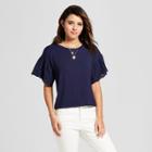 Women's Short Sleeve Ruffle Eyelet Sleeve Top - Lily Star (juniors') Navy (blue)
