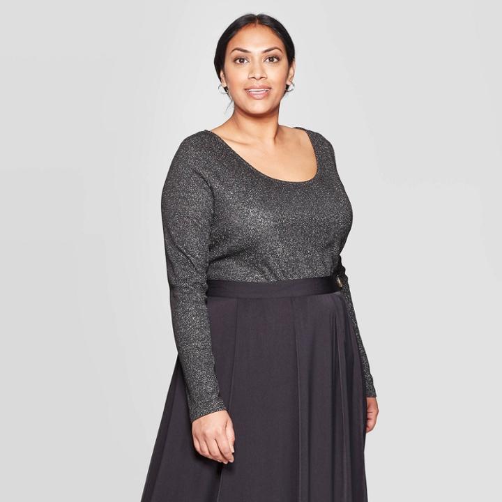 Women's Plus Size Long Sleeve Deep Scoop Neck T-shirt - Who What Wear Silver 1x, Women's, Size: