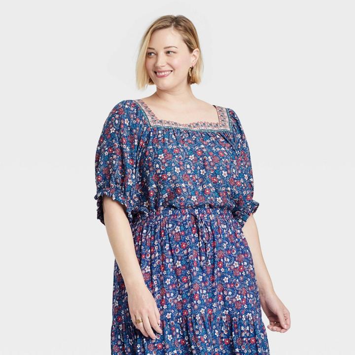 Women's Plus Size Short Sleeve Square Neck Shirt - Knox Rose Blue Floral