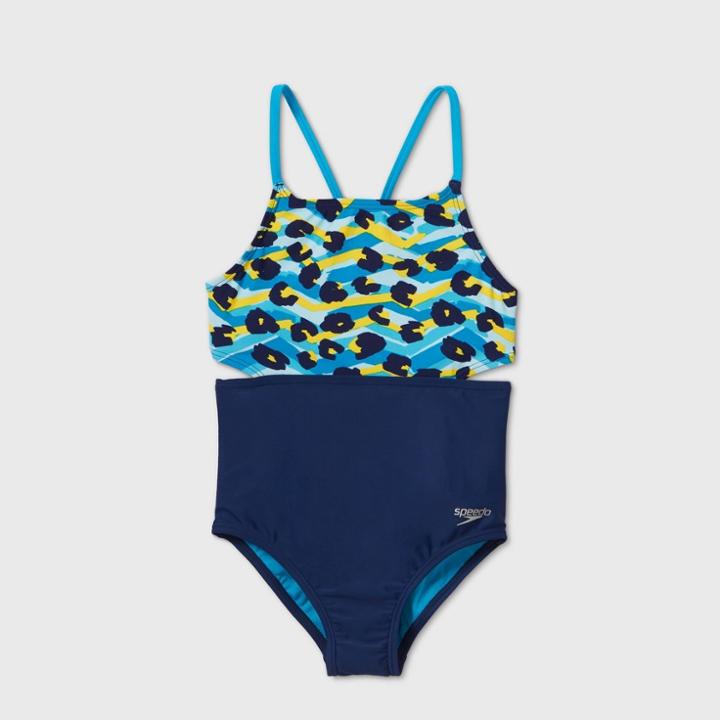 Speedo Girls' Animal Print One Piece Swimsuit - Blue/yellow