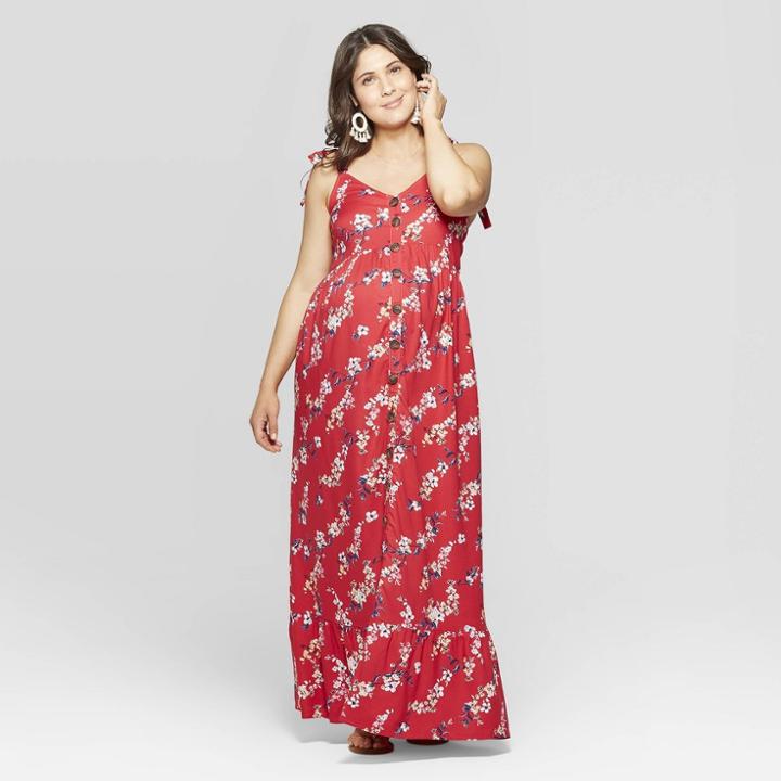 Maternity Floral Print Sleeveless V-neck Button Front Maxi Dress - Isabel Maternity By Ingrid & Isabel Red