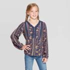 Girls' Long Sleeve Woven Boho Top - Art Class Blue