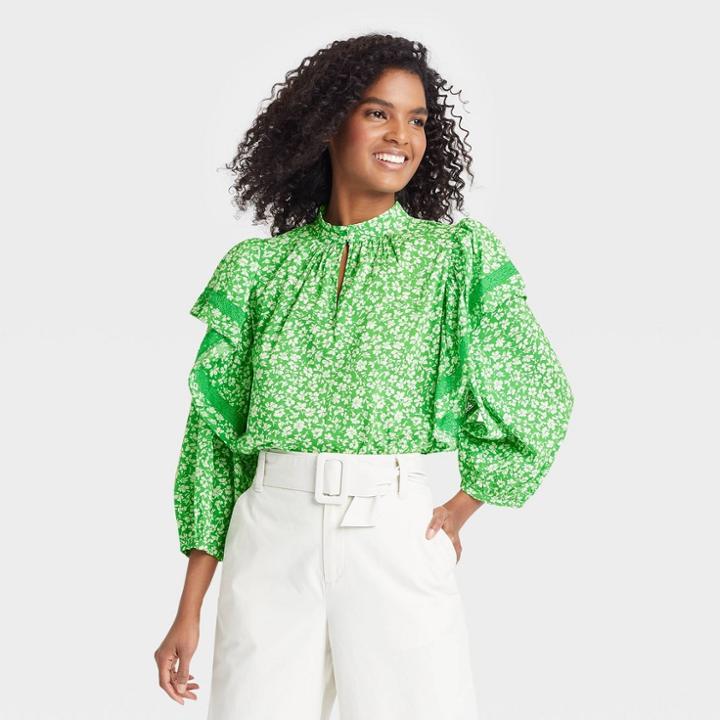 Women's Ruffle 3/4 Sleeve Lace Trim Blouse - Who What Wear Green Floral