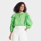 Women's Ruffle 3/4 Sleeve Lace Trim Blouse - Who What Wear Green Floral