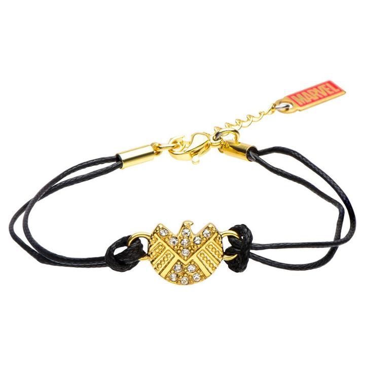 Women's Marvel S.h.i.e.l.d. Logo Stainless Steel Gold Ip In Black Leather Cord Bracelet (7),