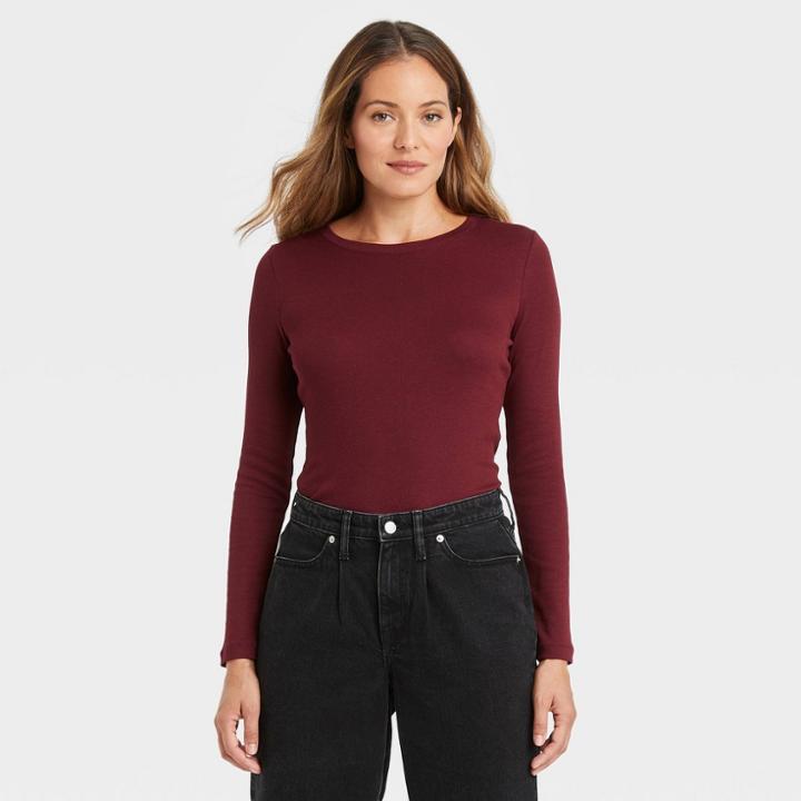 Women's Long Sleeve Ribbed T-shirt - A New Day Burgundy