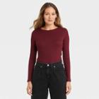 Women's Long Sleeve Ribbed T-shirt - A New Day Burgundy