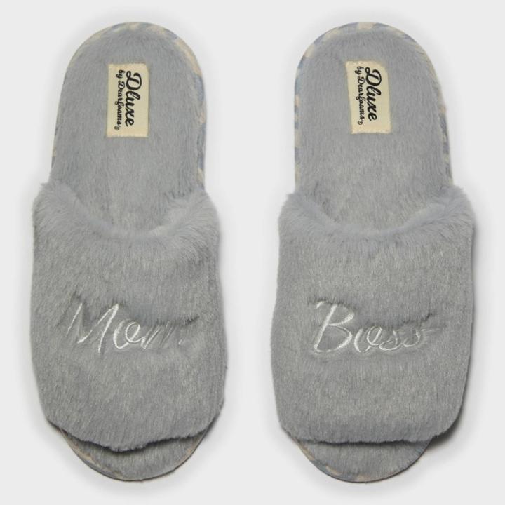 Women's Dluxe By Dearfoams Mom Boss Fur Slide Slippers - Gray