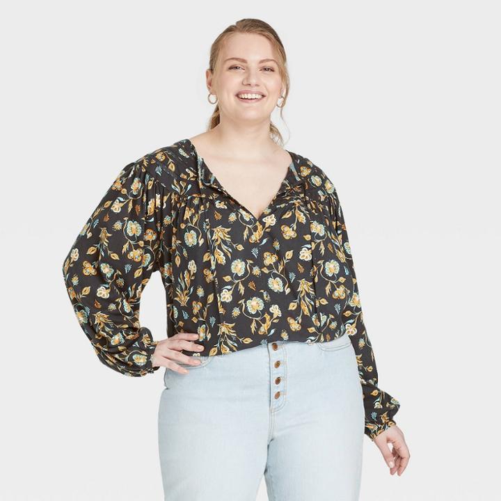 Women's Plus Size Balloon Long Sleeve Button-front Blouse - Universal Thread Black Floral