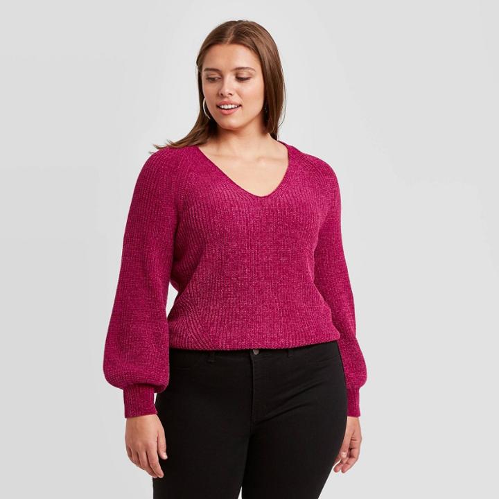 Women's Plus Size V-neck Balloon Sleeve Chenille Pullover Sweater - Ava & Viv Rose X, Pink