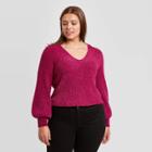 Women's Plus Size V-neck Balloon Sleeve Chenille Pullover Sweater - Ava & Viv Rose X, Pink