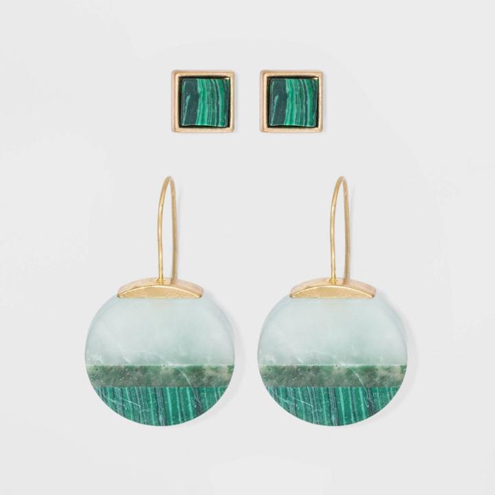 Boxed Duo With Quartz, Jade, And Malachite Semi-precious Stones Earring Set - Universal Thread Blue, Women's