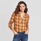 Women's Plaid Flutter Long Sleeve Round Neck Button-front Tunic Blouse - Universal Thread Yellow Xs, Women's,