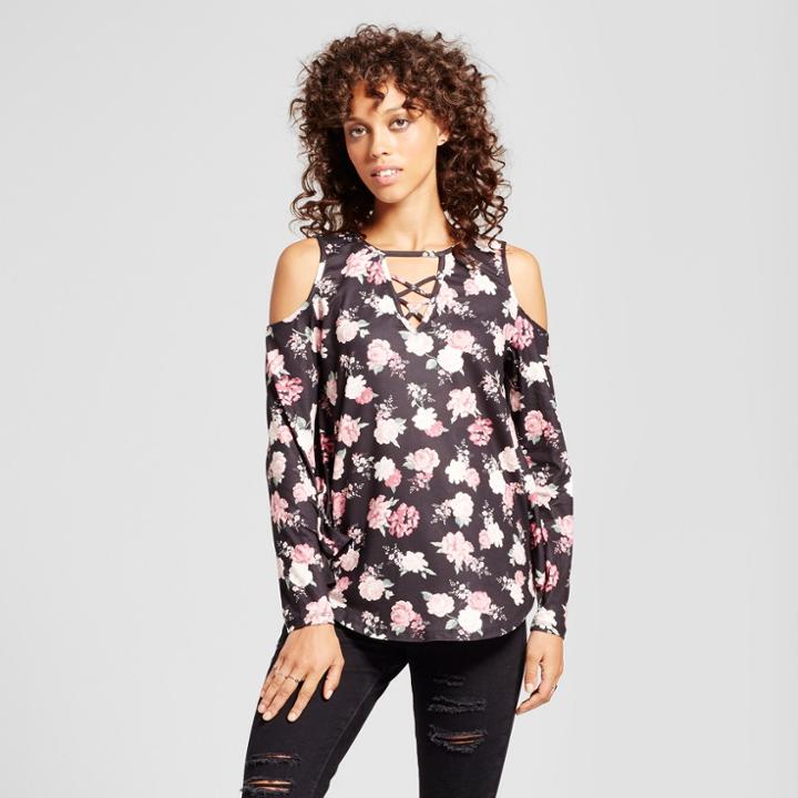 Women's Floral Cold Shoulder Lace-up Blouse - Alison Andrews Black