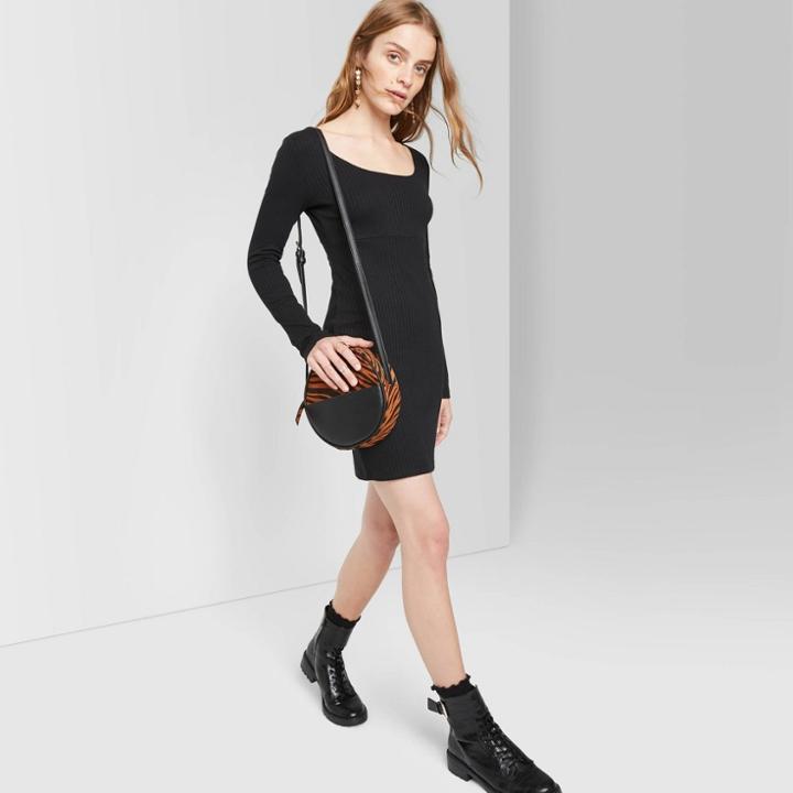 Women's Long Sleeve Scoop Neck Rib Knit Mini Dress - Wild Fable Black