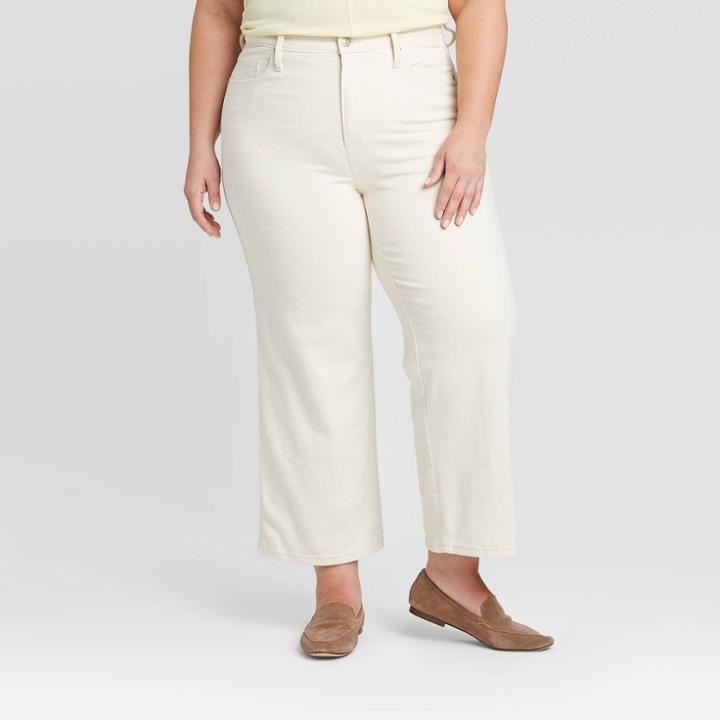 Women's Plus Size High-rise Wide Leg Cropped Jeans - Ava & Viv Cream 14w, Women's, Beige
