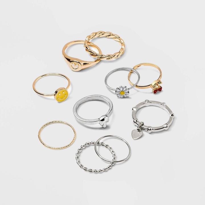 Flower Smiley Face And Heart Ring Set 10pc - Wild Fable , Gold/silver