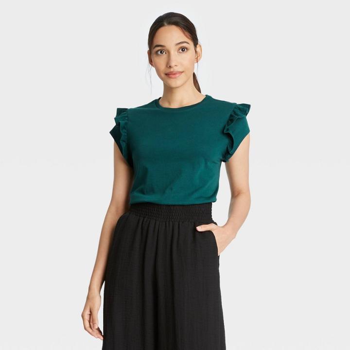 Women's Flutter Short Sleeve Ruffle T-shirt - A New Day Dark Green