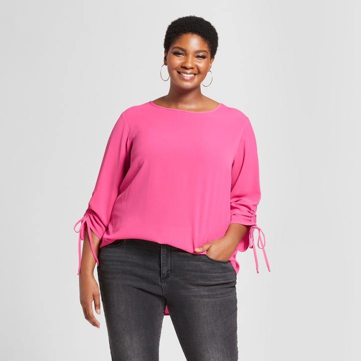 Women's Plus Size Ruched 3/4 Sleeve Blouse - Ava & Viv Pink X