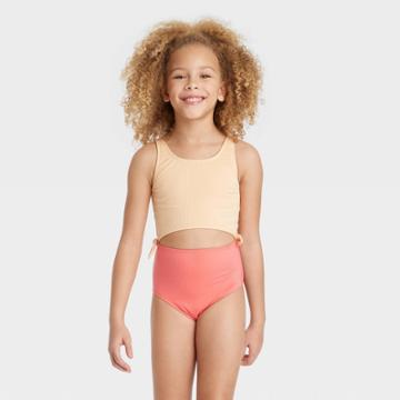 Girls' Solid Summer Swimsuit - Art Class Peach Orange