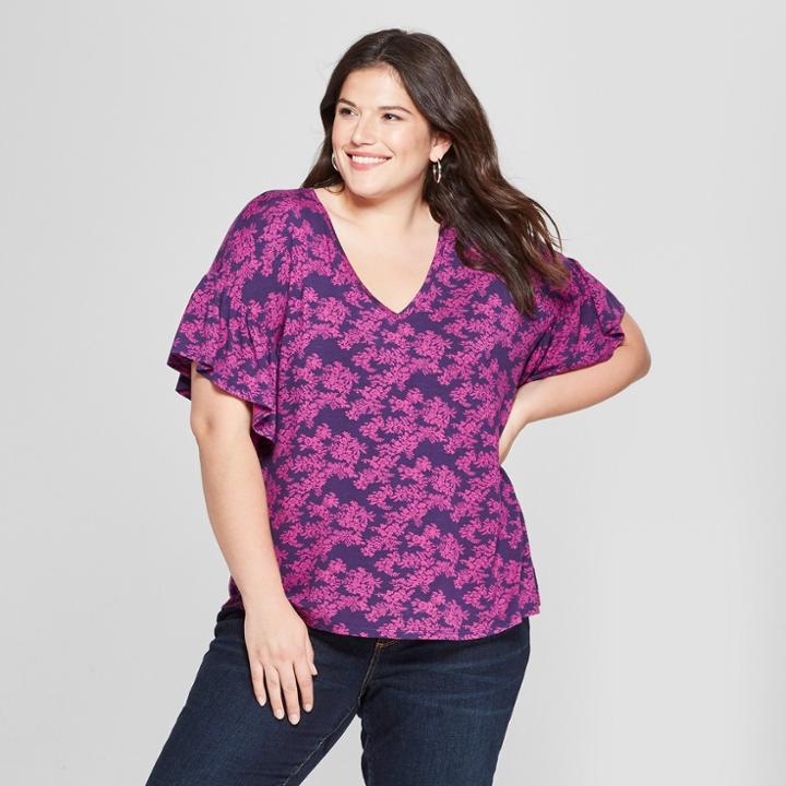 Women's Plus Size Floral Print V-neck Ruffle Short Sleeve T-shirt - Ava & Viv Purple X