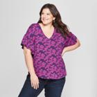 Women's Plus Size Floral Print V-neck Ruffle Short Sleeve T-shirt - Ava & Viv Purple X