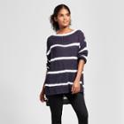 Women's Hi-lo Striped Pullover Sweater - K By Kersh Navy/white