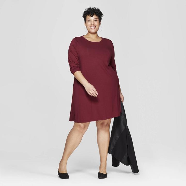 Women's Plus Size Long Sleeve Knit Swing Dress - Ava & Viv Burgundy (red)