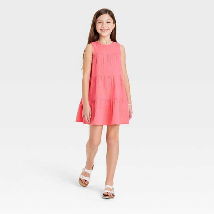 Girls' Sleeveless Gauze Tiered Dress - Cat & Jack Coral