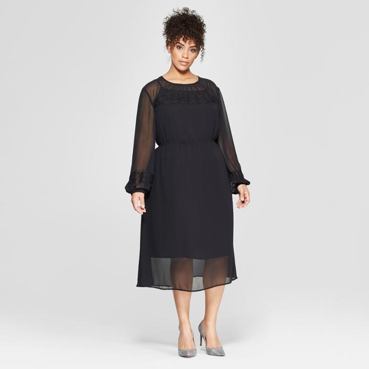 Women's Plus Size Long Sleeve Lace Mix Midi Dress - Who What Wear Black X