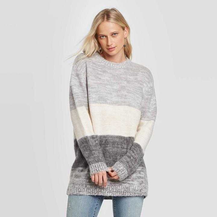 Women's Striped Long Sleeve Crewneck Brushed Tunic Sweater - Universal Thread Charcoal Xl, Women's, Gray