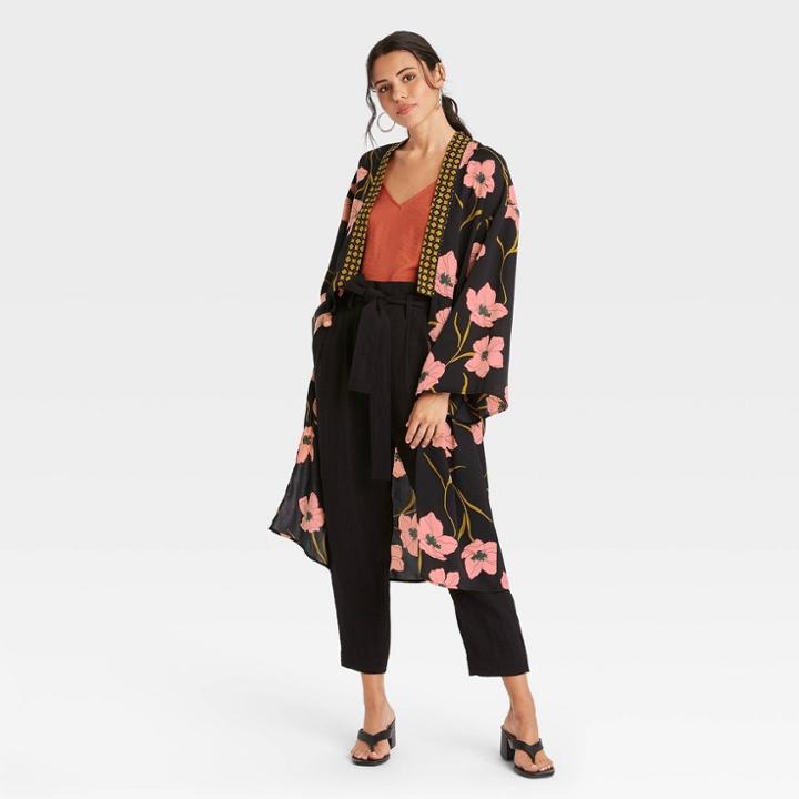 Women's Woven Floral Print Duster - A New Day Black