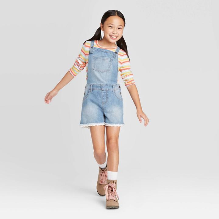 Girls' Eyelet Jean Shortalls - Cat & Jack Medium Wash Xs, Girl's, Blue