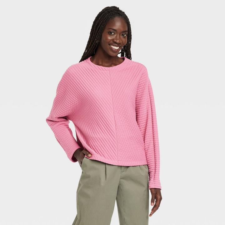 Women's Long Sleeve Boat Neck Ottoman Top - A New Day Pink