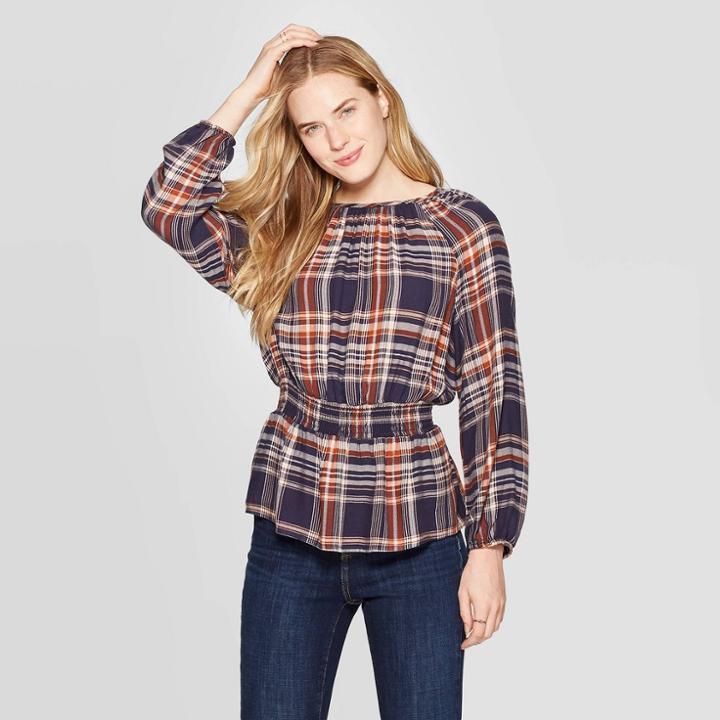 Women's Plaid Long Sleeve Round Neck Smocked Waist Top - Universal Thread Navy L, Size: