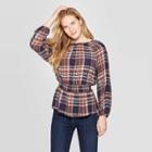 Women's Plaid Long Sleeve Round Neck Smocked Waist Top - Universal Thread Navy L, Size: