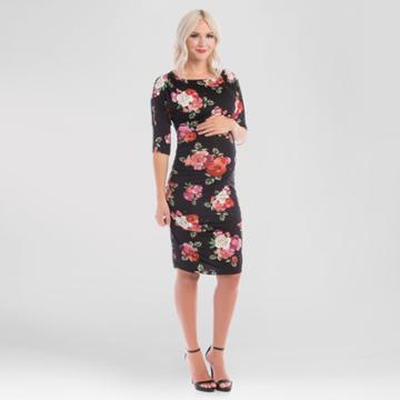 Expected By Lilac Maternity Floral Print Boatneck Midi Bodycon Dress Black S - Expected By