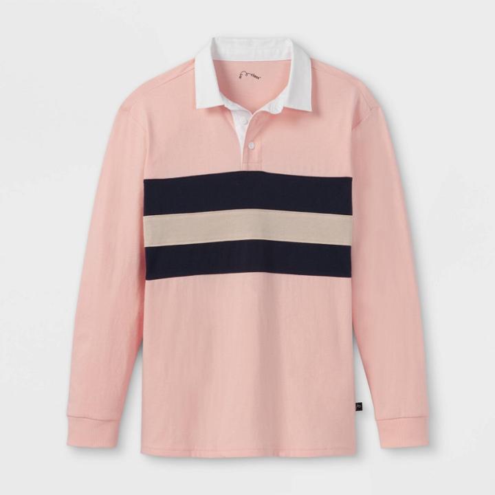 Boys' Chest Striped Woven Long Sleeve Polo Shirt - Art Class Light Orange